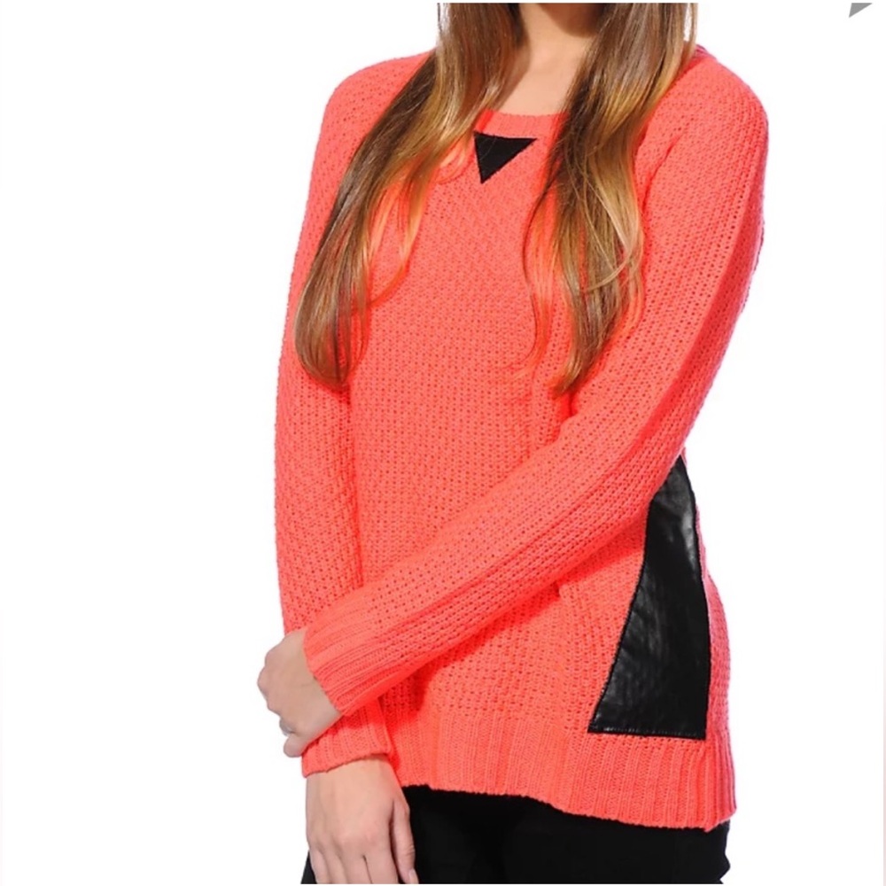 Neon Orange Knit Crewneck Sweater with Black Vegan Leather Trim Small